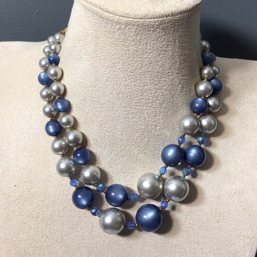 Unsigned Japan Blue moon glow and Silver Beaded Necklace